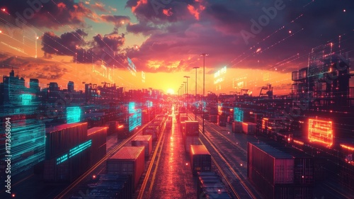 Wallpaper Mural Cargo Route Concept. Futuristic cityscape at sunset with glowing neon lights and dramatic clouds. Torontodigital.ca