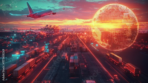 Wallpaper Mural Cargo Route Concept. A futuristic cityscape with an airplane and glowing orb during sunset. Torontodigital.ca