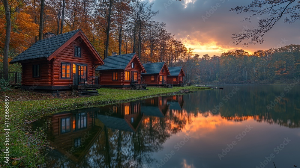 Fototapeta premium Autumnal Lakeside Cabins at Sunset in Tranquil Setting