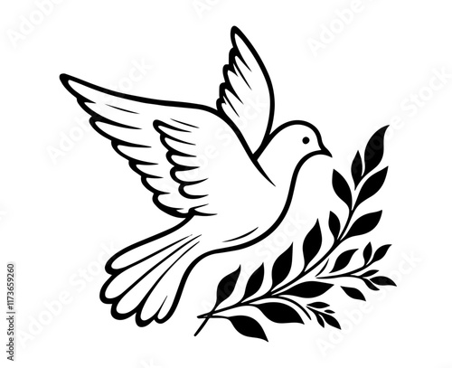 flying dove with olive branch in black vector silhouette shape laser cutting engraving