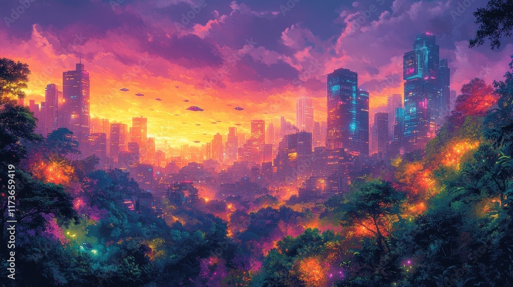 Fototapeta premium A vibrant cityscape at sunset, blending nature and urban life.