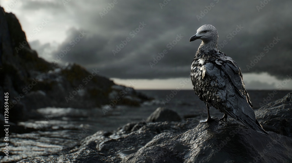 Fototapeta premium Oil-covered seagull standing on rocky shore under stormy sky, symbolizing impact of pollution and need for wildlife protection, ideal for environmental campaigns and educational content