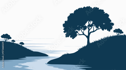 Serene landscape, silhouette of a tree on hill, calm water, distant shore, minimalist design