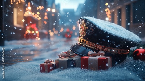 Festive Police Hat and Gifts in Snowy Scene - Congratulations photo