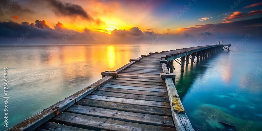 Fototapeta premium Weathered Wooden Pier Extending into Misty Ocean at Sunset - Conceptual Photography