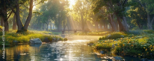 A serene woodland scene with sunlight filtering through trees, illuminating a tranquil stream surrounded by lush greenery and colorful wildflowers.