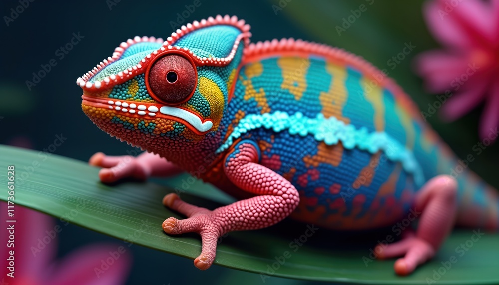 Vibrant colorful chameleon sits on green leaf. Vivid colors, detailed texture. Exotic animal in nature. Tropical scene. Closeup view. Beautiful animal portrait on dark background. Leaf, flowers in Vibrant colorful chameleon sits on green leaf. Vivid colors, detailed texture. Exotic animal in nature. Tropical scene. Closeup view. Beautiful animal portrait on dark background. Leaf, flowers in