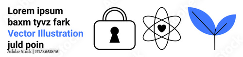 Padlock representing security, atom with heart symbolizing science and love, and leaf illustrating nature. Ideal for security, science, love, nature, technology, minimalistic educational themes