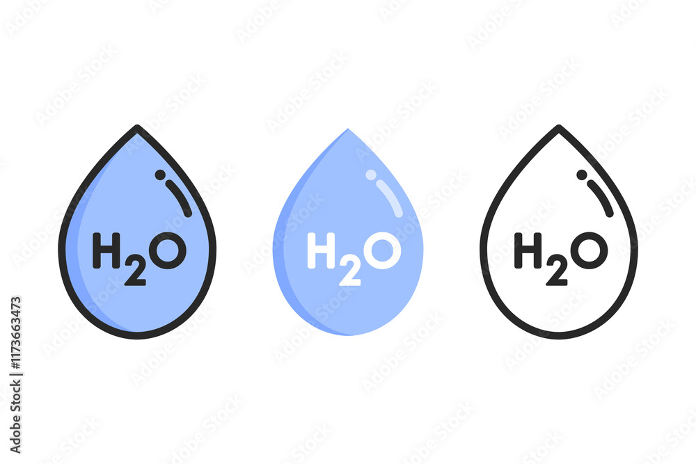 H2O icon set. Water droplet liquid sign. Nature, clean, environment, chemical concept. Flat vector design isolated illustration. H2O icon set. Water droplet liquid sign. Nature, clean, environment, chemical concept. Flat vector design isolated illustration.