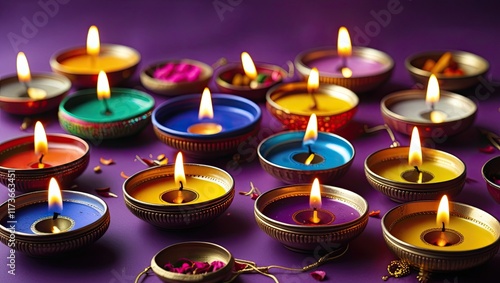 Colorful Indian oil lamps or candles on a purple backdrop with copy space, Diwali celebration, the traditional festival of lights