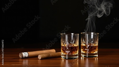 Two glasses of Bourbon or Scotch whiskey with a smoking cigar on a wooden table against a dark backdrop, men's club theme.