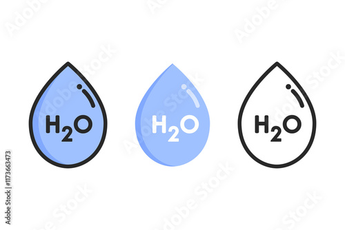 H2O icon set. Water droplet liquid sign. Nature, clean, environment, chemical concept. Flat vector design isolated illustration.