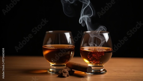 Two glasses of Bourbon or Scotch whiskey with a smoking cigar on a wooden table against a dark backdrop, men's club theme.