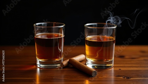 Two glasses of Bourbon or Scotch whiskey with a smoking cigar on a wooden table against a dark backdrop, men's club theme.