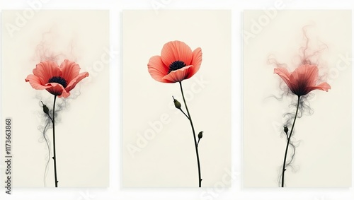 collection of three vertical posters, minimalist botanical flower and smokey art