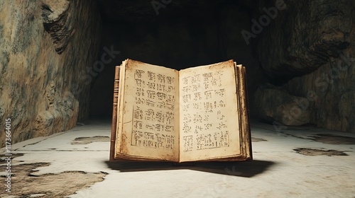 Ancient Tome Unveiled: A 3D Render of a Mystical Book Within a Cave AI Generated