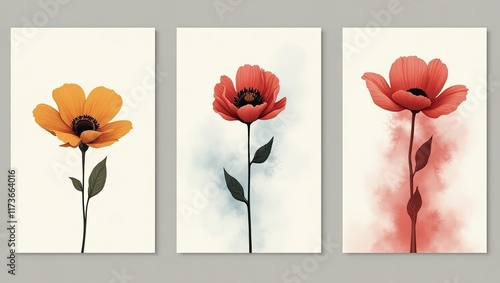 collection of three vertical posters, minimalist botanical flower and smokey art