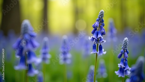 Close-up of bluebell blooms in the woods in spring, forest picturesque panoramic view with bokeh background.