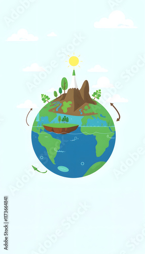 Ecocycle water cycle on planet earth concept Illustration, flat design, with white tones photo