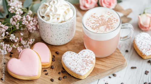 cozy cafe setting with heart shaped cookies, creamy drink, and flowers creates delightful atmosphere