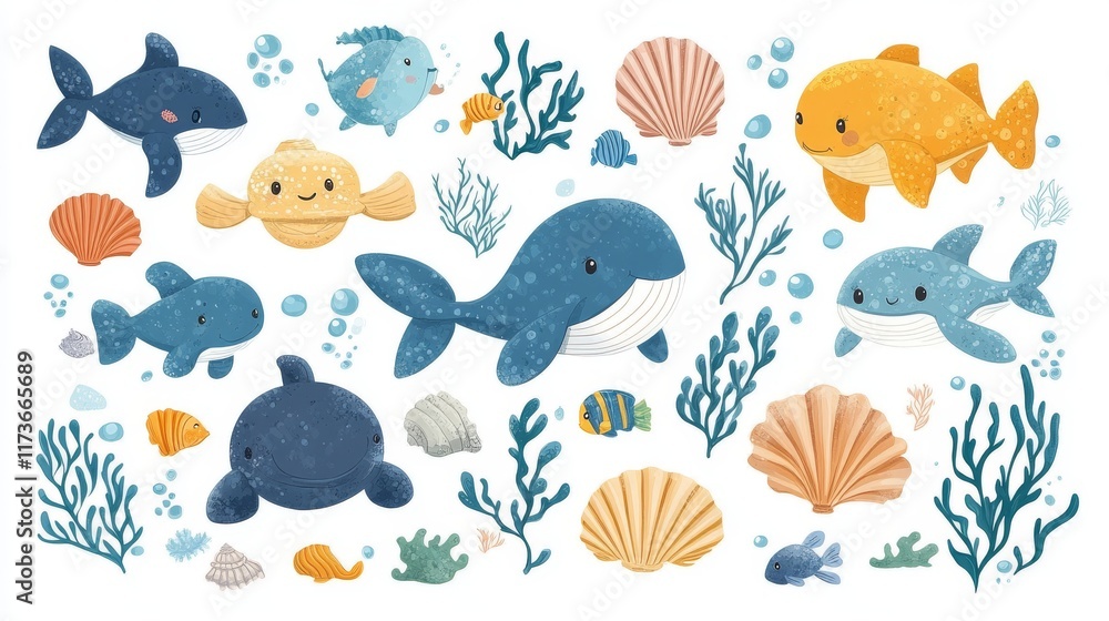 Fototapeta premium Big set with cute sea animals, shells, corals, seaweed. Kawaii sea life character elements. Cartoon illustration
