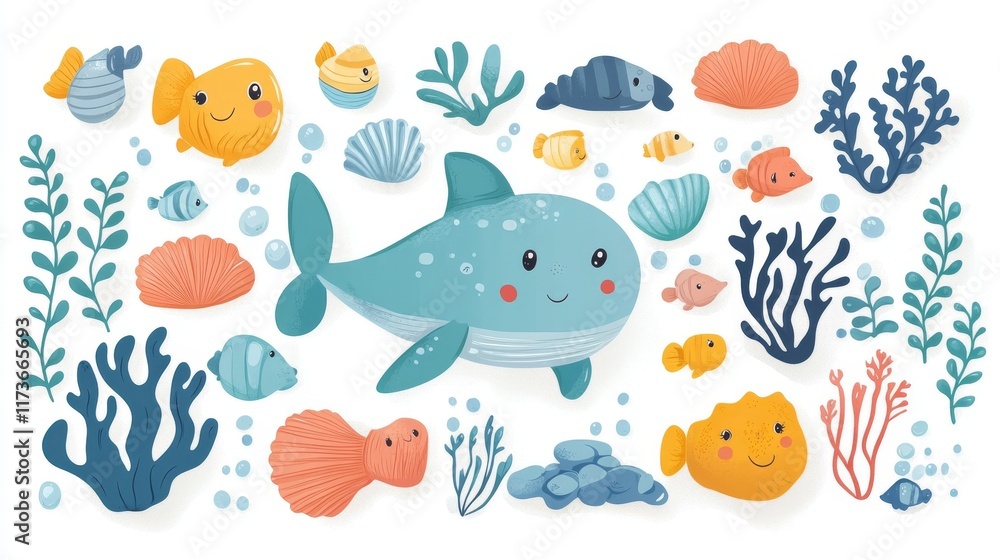 Obraz premium Big set with cute sea animals, shells, corals, seaweed. Kawaii sea life character elements. Cartoon illustration