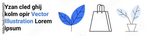 Blue leaf, shopping bag, and potted plant graphics combined with placeholder text. Ideal for branding, marketing, nature-themed designs, e-commerce, website design, eco-friendly products