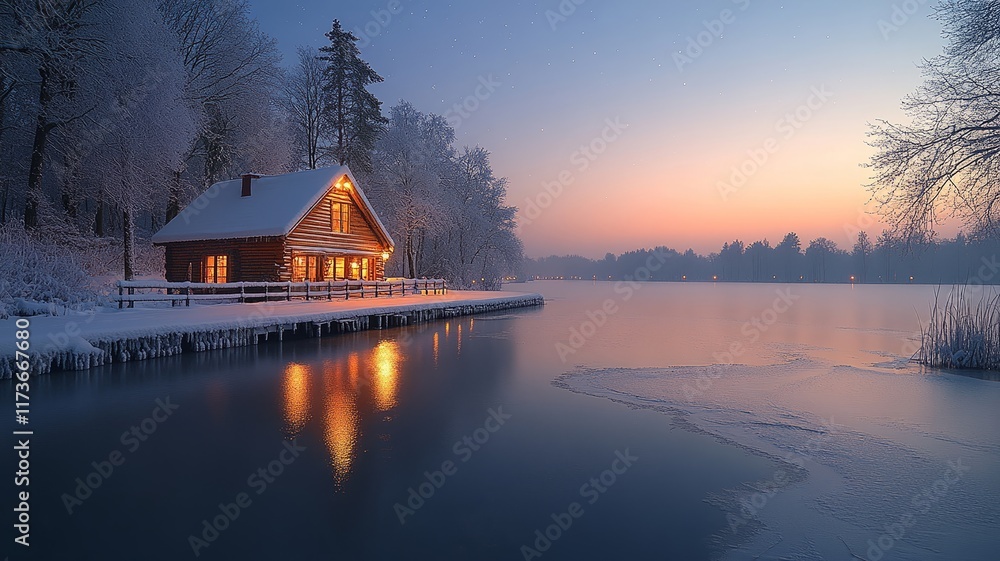 Fototapeta premium Cozy Winter Cabin at Twilight by a Frozen Lake