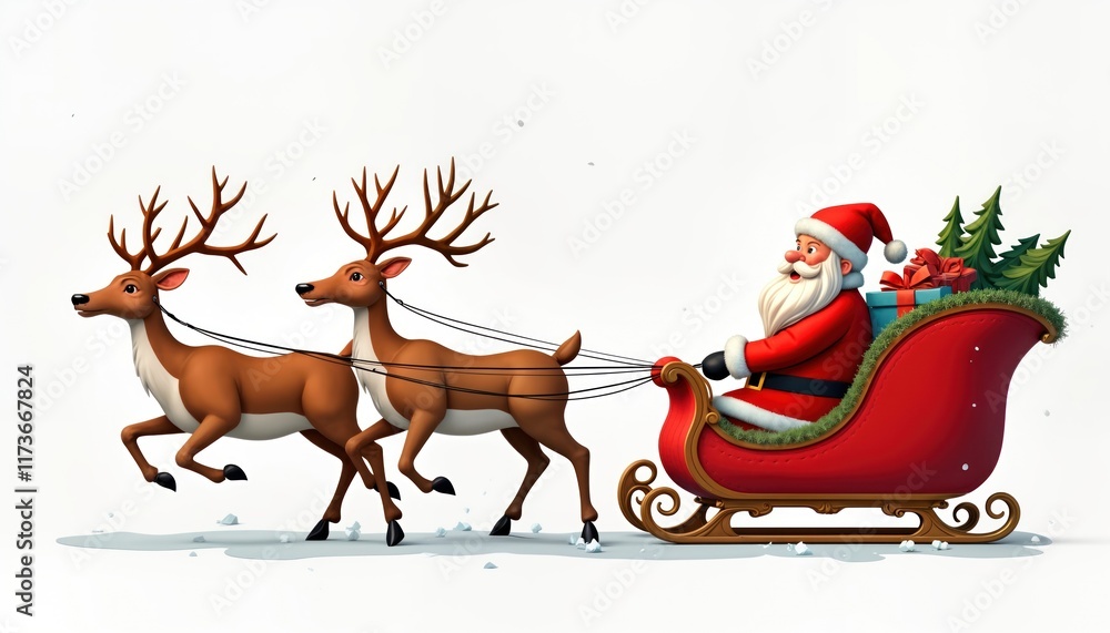 Fototapeta premium Santa Claus rides in sleigh pulled by two reindeer. Wearing red suit, red hat. Sleigh carrying Christmas presents, small Christmas trees. Reindeer run fast. Winter scene. Background white. Festive