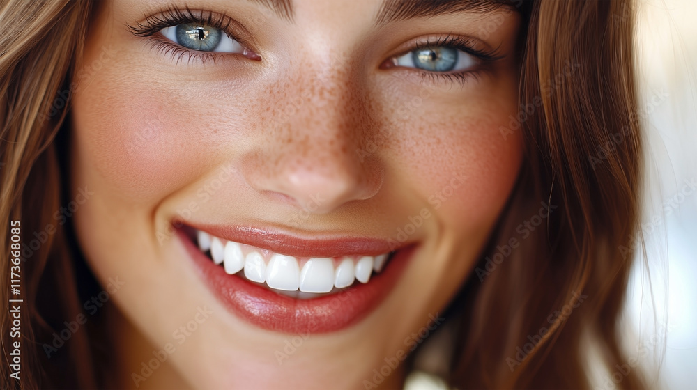 A woman with blue eyes and red lips is smiling A woman with blue eyes and red lips is smiling