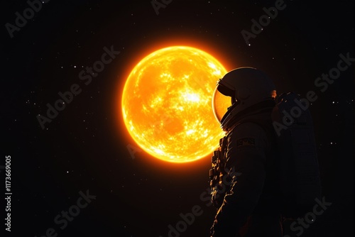 Astronaut in space with glowing sun in background, cosmic concept. photo