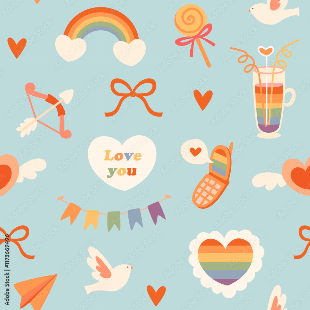 A seamless Valentine's Day pattern with LGBTQ+ symbols in a retro style. Suitable for wrappers, backgrounds, wallpapers, textiles A seamless Valentine's Day pattern with LGBTQ+ symbols in a retro style. Suitable for wrappers, backgrounds, wallpapers, textiles