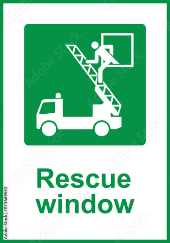 Evacuation window. Green sign rescue window. Designation a window intended for evacuation in case emergency. Window that can be opened or broken for quick exit from a room or vehicle. Iso 7010.