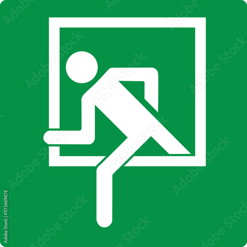 Green sign rescue window. Designation a window intended for evacuation in case emergency. Window that can be opened or broken for quick exit from a room or vehicle. Iso 7010.