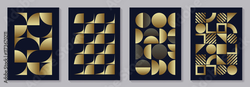 Set of gold and black geometric vector pattern posters with 20s geometric design. Trendy bauhaus pattern background for cover design, poster and interior. Retro illustration.