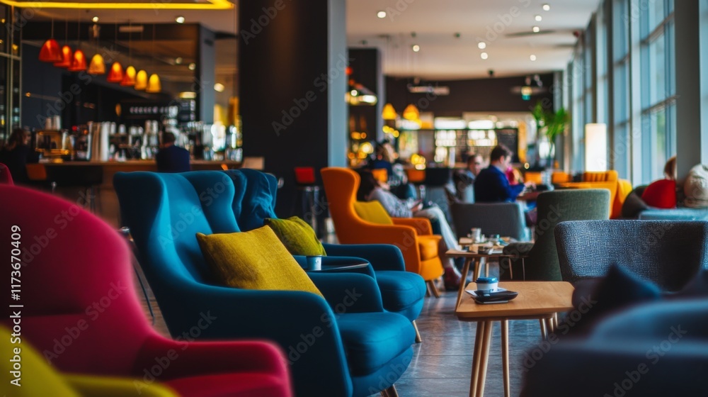Fototapeta premium Colorful and inviting interior design featuring cozy armchairs. A vibrant lounge atmosphere perfect for relaxation and socializing. Enjoy the ambiance with friends and family. Generative AI
