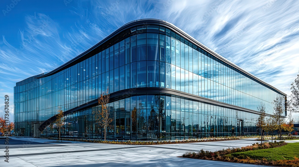 Fototapeta premium Modern Glass Skyscraper with Curved Facade and Vibrant Reflections - Contemporary Urban Architecture and Corporate Elegance