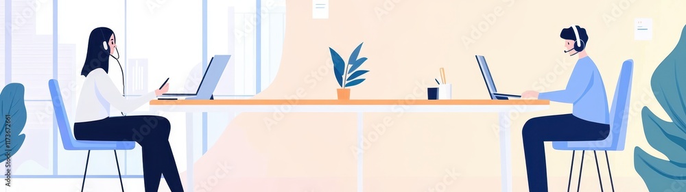 Modern workspace illustration with two individuals, laptops, plants, and subtle colors, highlighting remote collaboration.