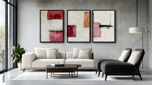 Abstract Triptych in Modern Living Room AI Generated