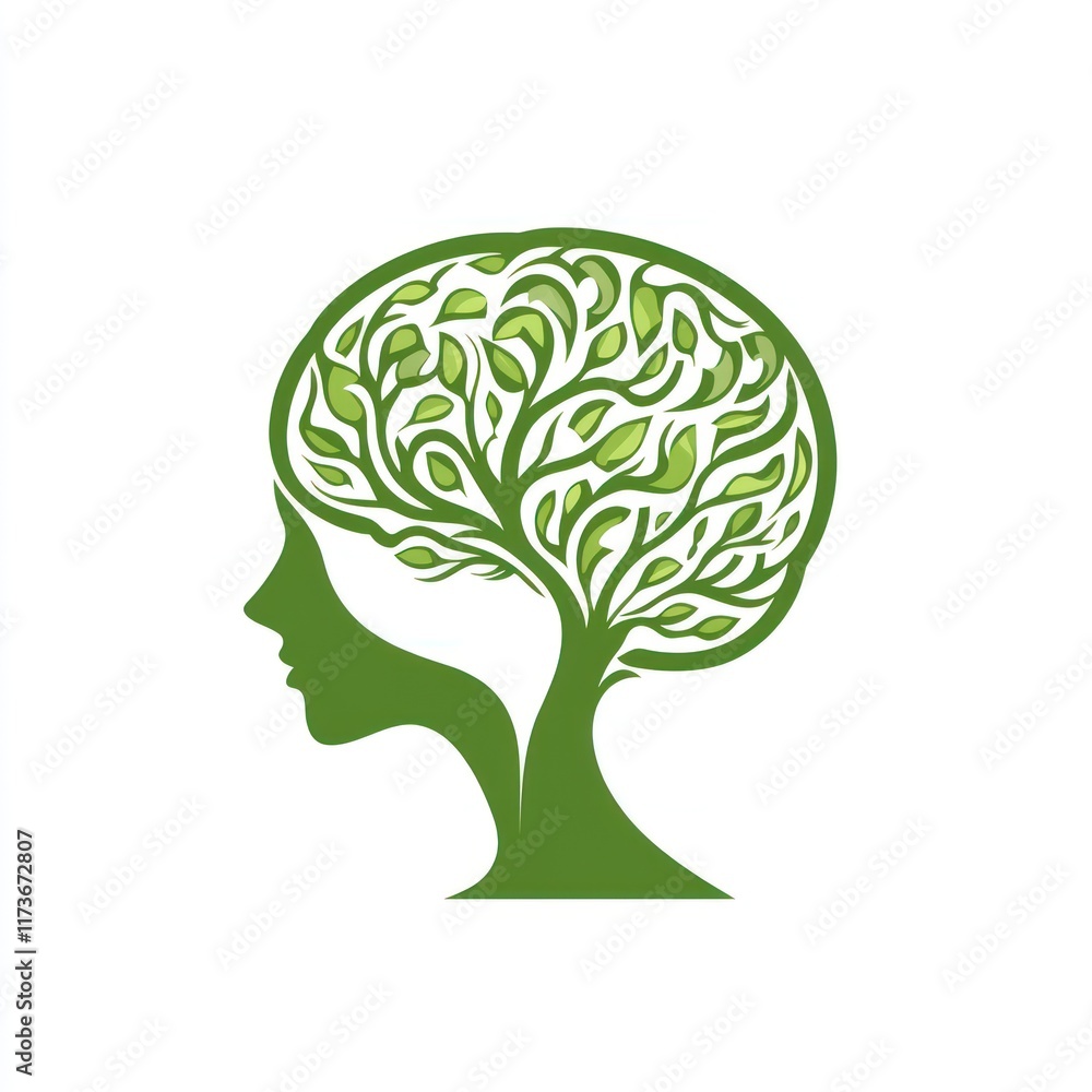 Green Tree Growing Inside a Womans Head Silhouette Green Tree Growing Inside a Womans Head Silhouette