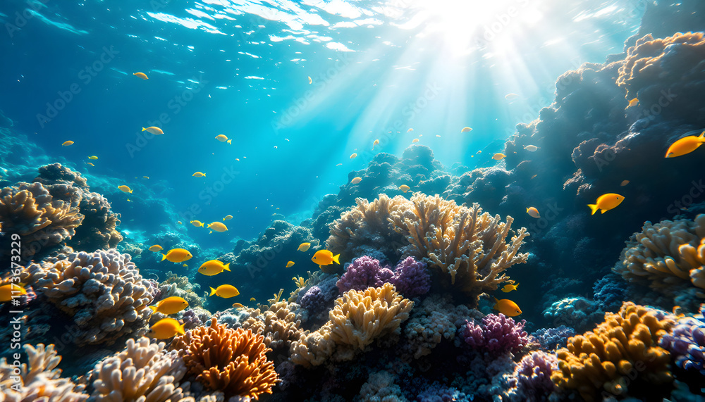 Naklejka premium Vibrant Coral Reef: Sunlit Underwater Paradise