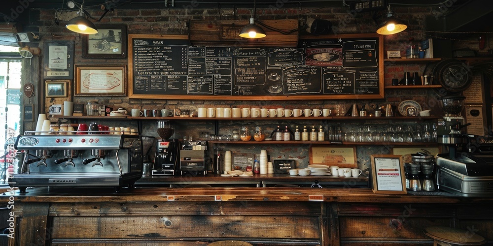 Coffee corner features decorative elements and a cozy atmosphere in a lively cafe Coffee corner features decorative elements and a cozy atmosphere in a lively cafe