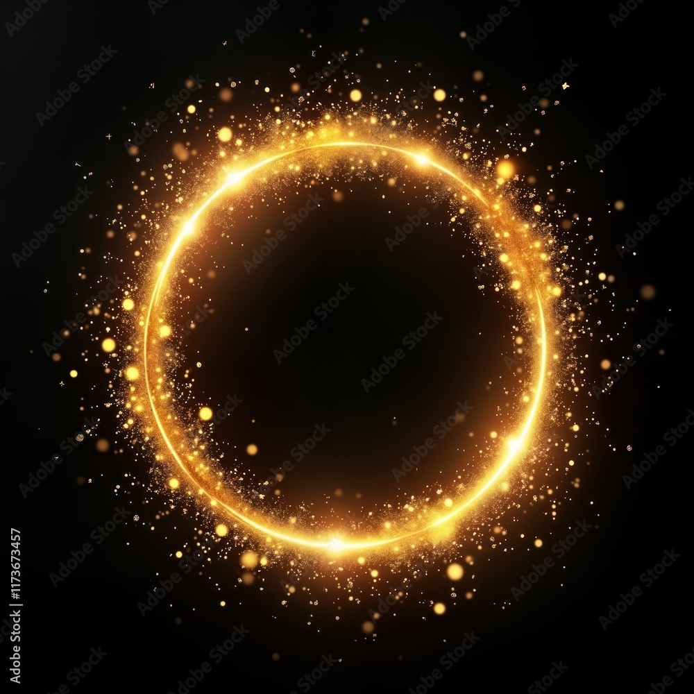Golden glitter circle light shines brightly on dark background. Sparkles, particles form circular frame. Christmas magic stars glow. Firework confetti shimmers in ring shape. Design evokes energy, Golden glitter circle light shines brightly on dark background. Sparkles, particles form circular frame. Christmas magic stars glow. Firework confetti shimmers in ring shape. Design evokes energy,