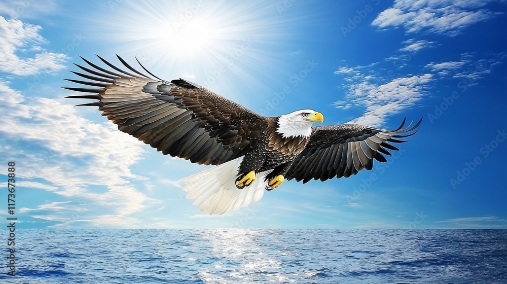 Fototapeta premium Majestic Bald Eagle Soaring Above Ocean Waves