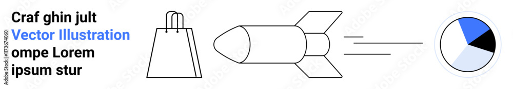 Rocket launching towards pie chart, adjacent to shopping bag, indicating business growth, financial success, and e-commerce potential. Ideal for startups, financial advisories, and marketing Rocket launching towards pie chart, adjacent to shopping bag, indicating business growth, financial success, and e-commerce potential. Ideal for startups, financial advisories, and marketing