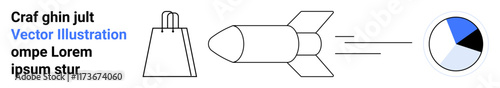 Free Download Rocket launching towards pie chart, adjacent to shopping bag, indicating business growth, financial success, and e-commerce potential. Ideal for startups, financial advisories, and marketing - GFXLoad