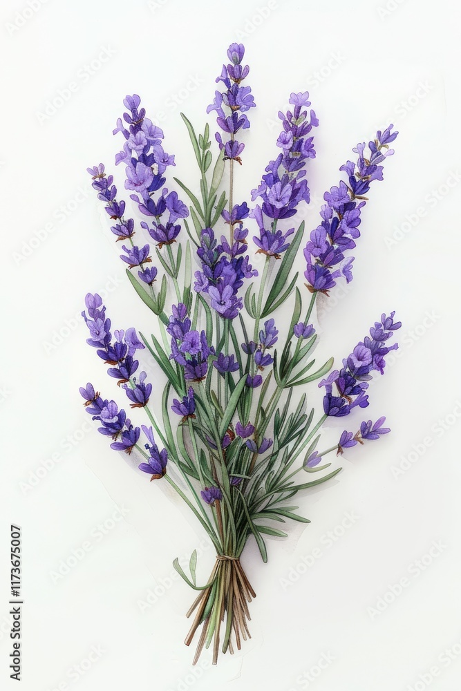Fototapeta premium Lavender watercolor illustration showcasing vibrant purple floral arrangement with greenery