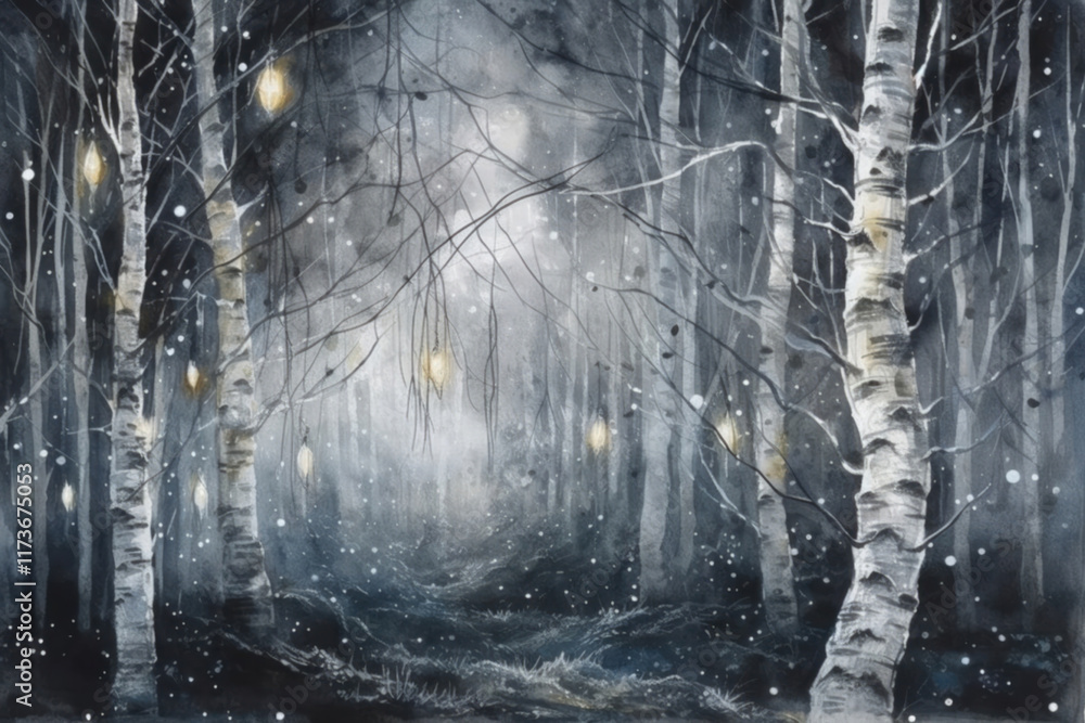 birch grove in late autumn, tree trunks, darkness and lanterns, illustration., watercolor style, birch grove in late autumn, tree trunks, darkness and lanterns, illustration., watercolor style,