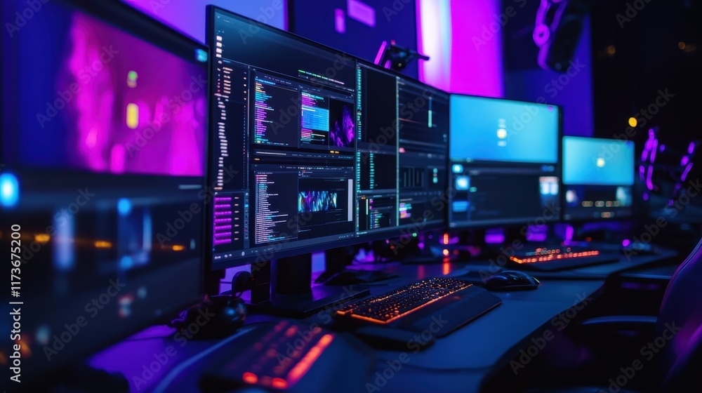 Gaming and coding workstation vibrant neon lighting immersive digital environment multitasking setup. Gaming and coding workstation vibrant neon lighting immersive digital environment multitasking setup.