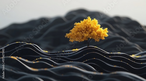 Solitary golden tree on dark, rolling hills.